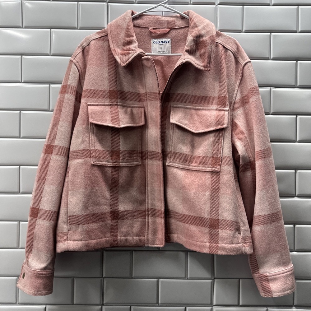 Old Navy Women's Thick Flannel Shacket Plaid Pink Full Zip Warm Size XL Pockets